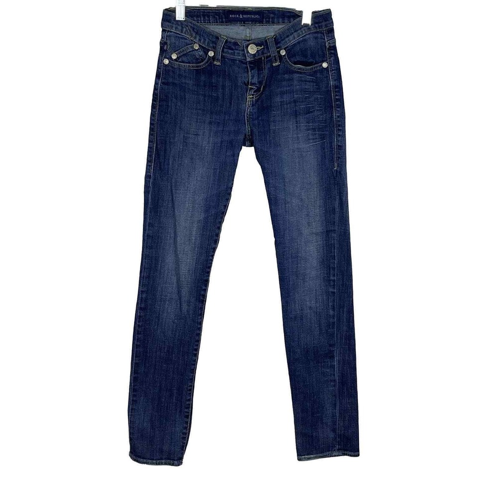 Rock &‎ Republic Berlin Skinny Jeans Women's M Dark Wash Distressed Embroidered